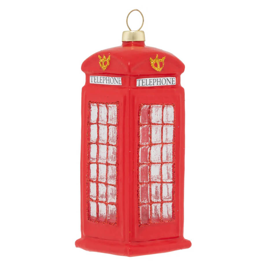 Red glass london calling ornament shaped like british phone booth with gold crown decals perfect santa ornament