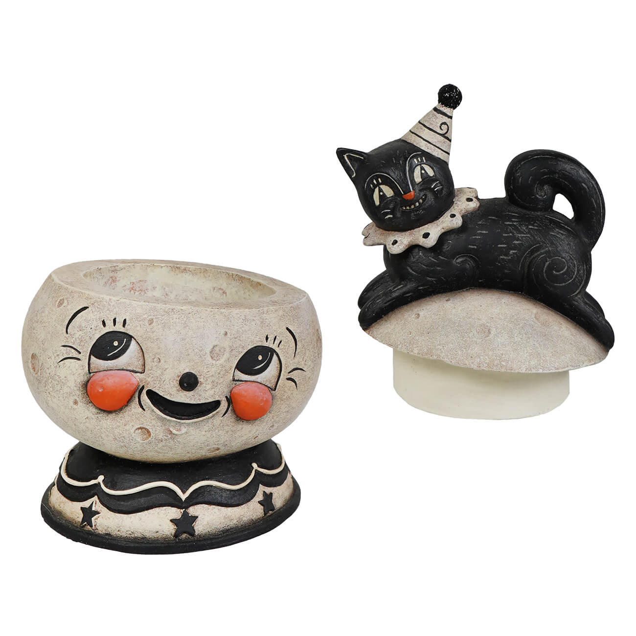 Black cat jack o lantern figurine with striped party hat and lace collar on white mushroom base in loony jack o luna