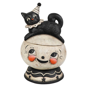 Black cat figurine on smiling moon jack o lantern cookie jar made of painted ceramic with detailed faces and accents