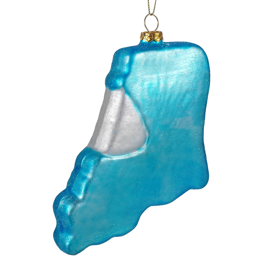 A translucent blue louisiana state ornament with silver glitter inside and a gold hanging loop perfect for laissez les bons temps