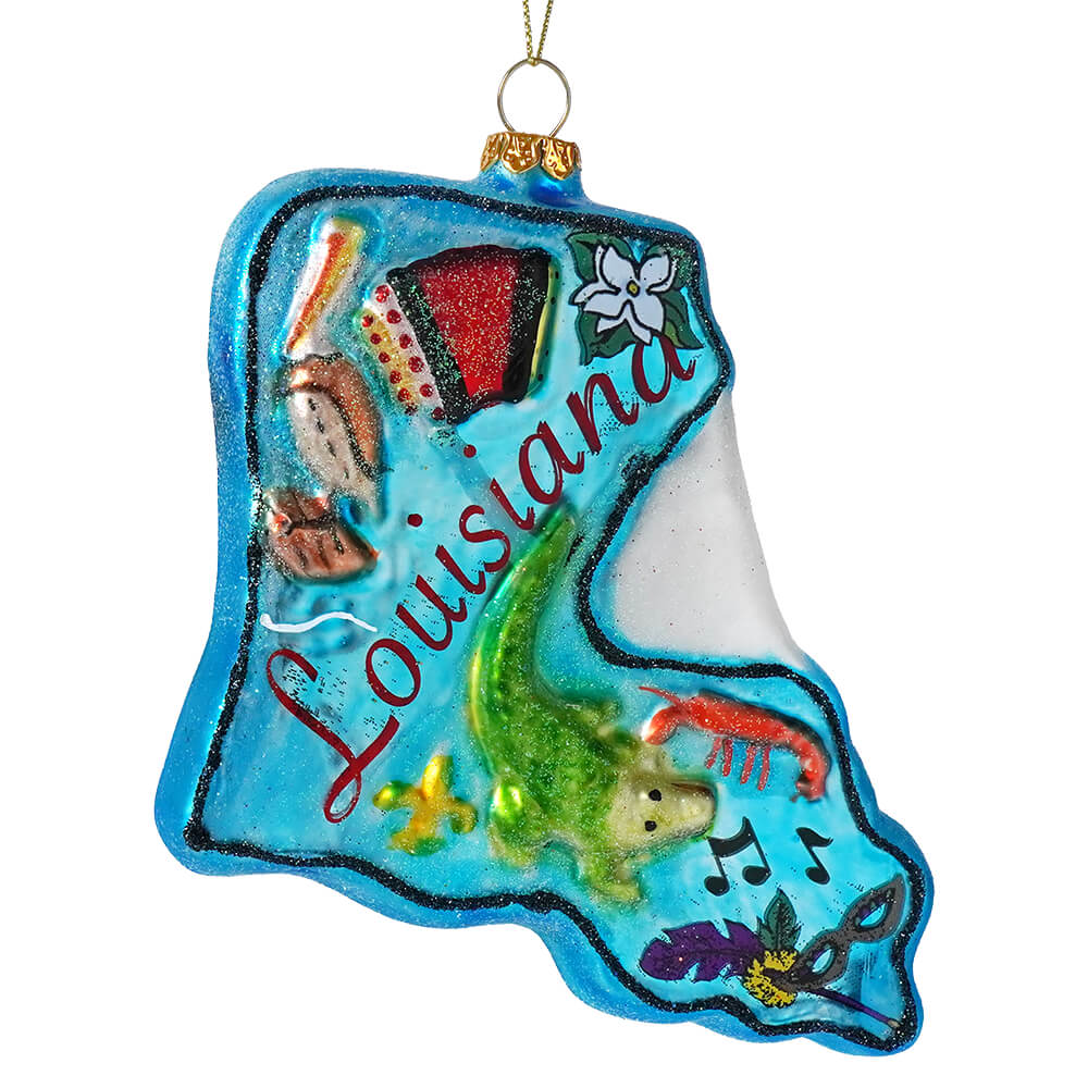 A vibrant blue glass louisiana state ornament featuring colorful alligator crawfish and musical instruments for laissez les bons temps