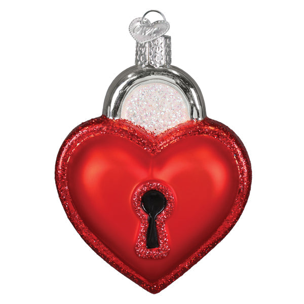 Red glittery heart-shaped love lock ornament with silver metallic top and keyhole detail perfect for decor