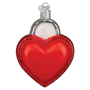 Red heart-shaped glass love lock ornament with glittery border and silver cap perfect for world christmas decor