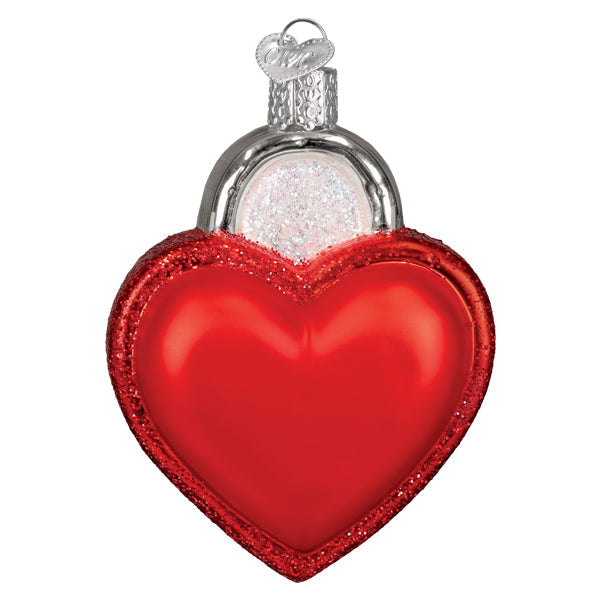 Red heart-shaped glass love lock ornament with glittery border and silver cap perfect for world christmas decor
