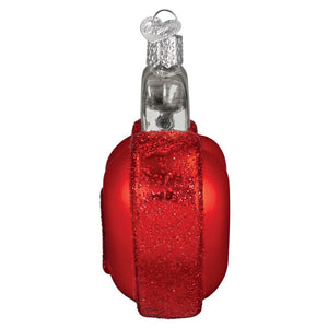 Red glittery glass love lock ornament shaped like a bell with silver cap and loop for christmas decor