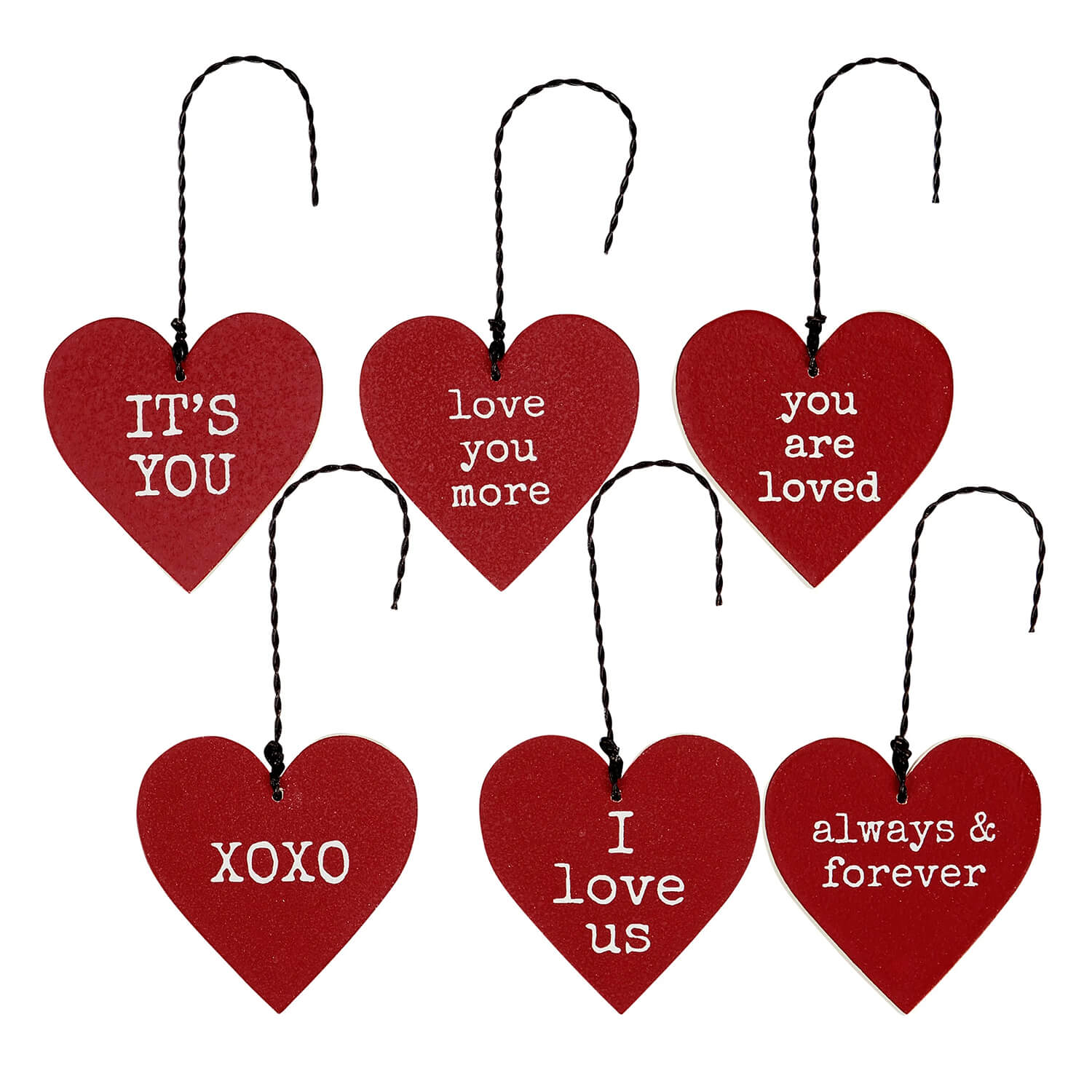 Love you more ornament set six red heart-shaped annie schickel ornament set with white text design and black hanger display