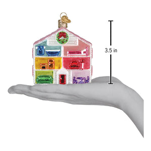 Colorful translucent glass doll house ornament with detailed rooms and festive wreath, perfect norman rockwell house ornament