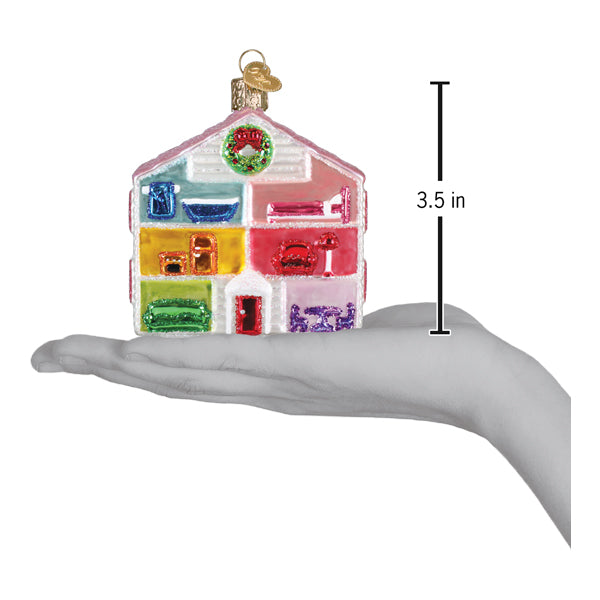 Colorful translucent glass doll house ornament with detailed rooms and festive wreath, perfect norman rockwell house ornament
