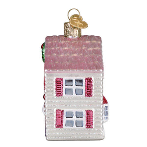 Pink and white glass lovely doll house ornament with red shutters glittery roof gold heart cap ideal for house ornaments