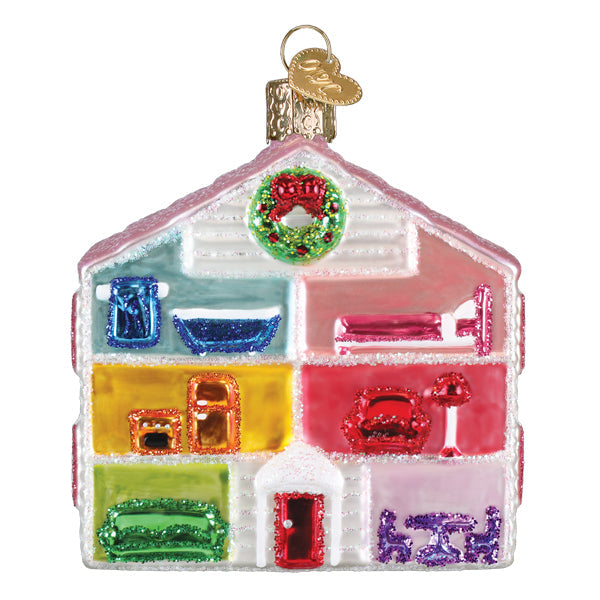 Colorful glittery glass house ornament with miniature furniture perfect for norman rockwell style house ornaments collection