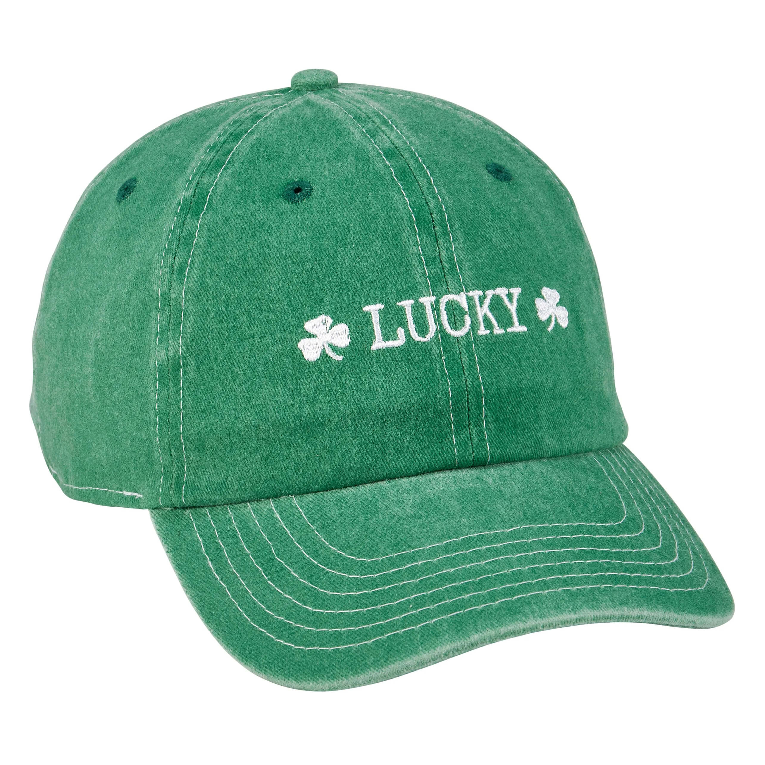 Green denim lucky cap with white embroidered lucky text and shamrocks perfect for st patricks day