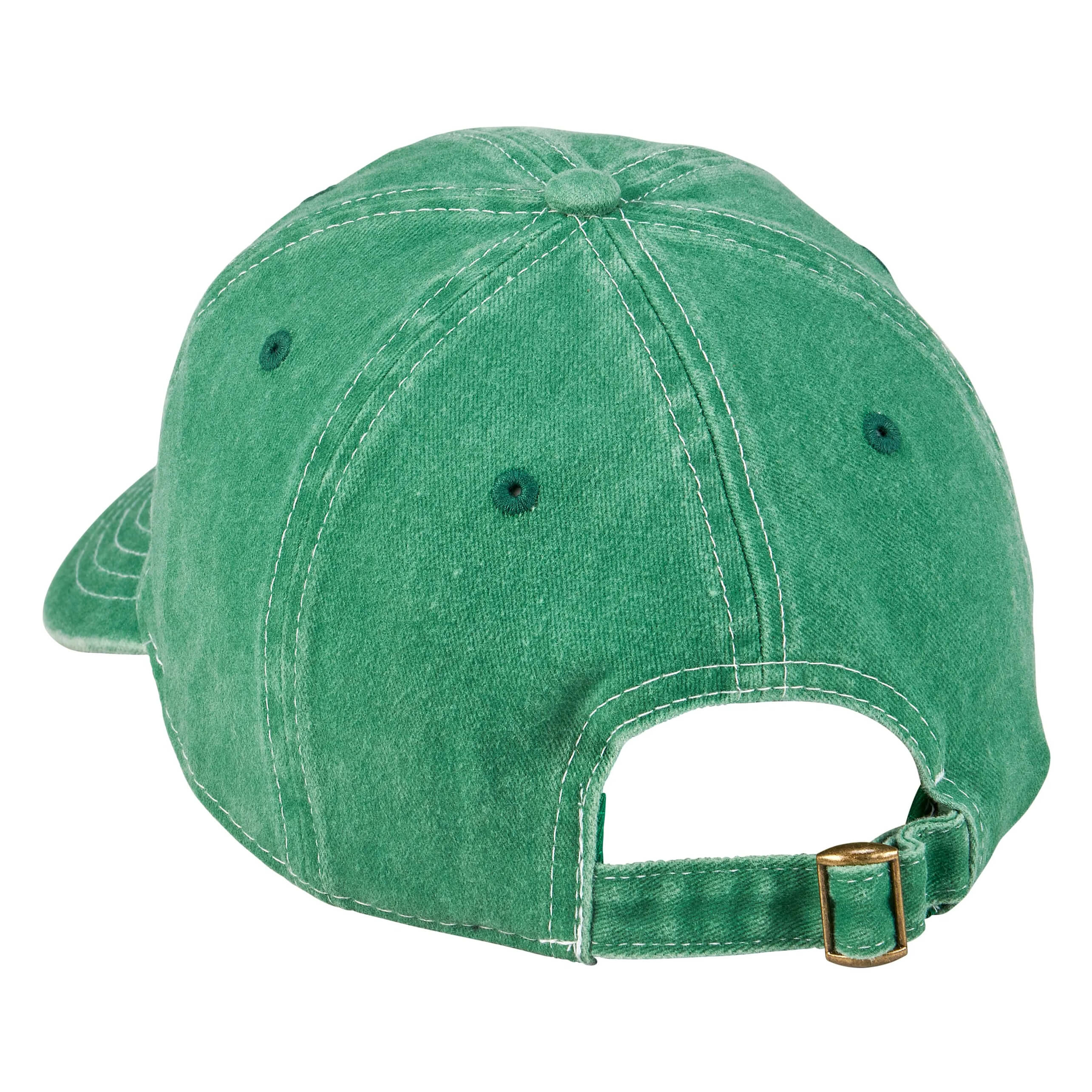 Faded green denim lucky cap with white stitching and brass buckle perfect for st patricks day style