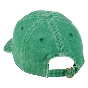 Faded green denim lucky cap with white stitching and brass buckle perfect for st patricks day style