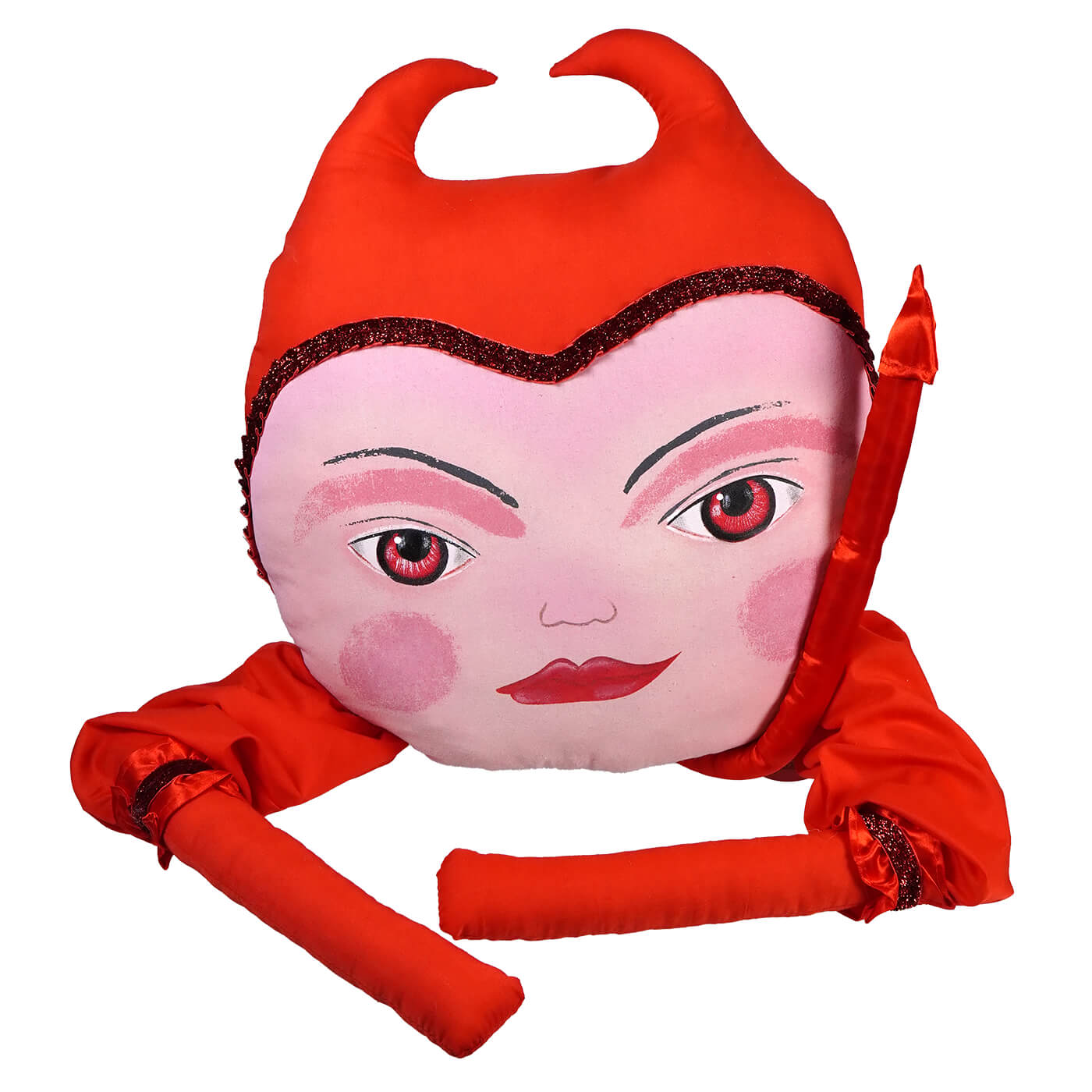 Plush toy or cushion resembling a stylized cartoon devil head with red horns and arms.