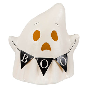 White ceramic ghost luminary with orange eye mouth cutouts and black boo with banner halloween ghost figures decor