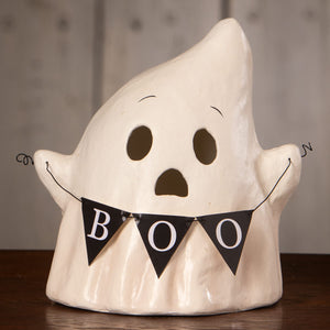 Cream-colored ceramic halloween ghost figures decor luminary with black eyes mouth and a boo with banner ornament