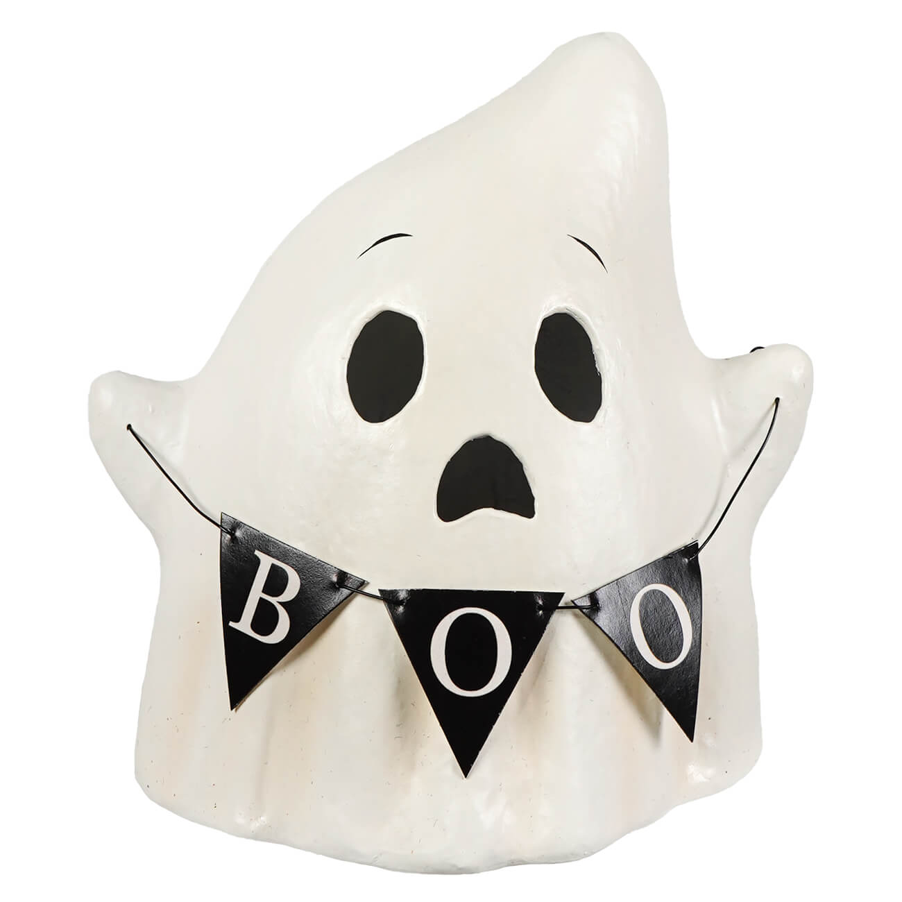 White ceramic halloween ghost figures decor luminary with black eye mouth cutouts and boo with banner ornament