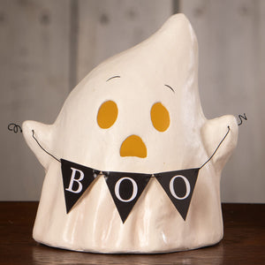 White ceramic halloween ghost figurine luminary with yellow face and black boo with banner halloween ghost figures decor