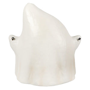 White smooth-surfaced ghost-shaped luminary plaque with black metal hooks halloween ghost figures decor and ornaments