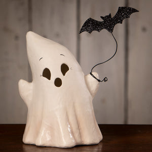 Ceramic white ghost luminary boo with bat featuring a black glitter bat perched on its shoulder