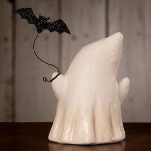 White ceramic luminary ghost figurine boo with bat featuring a black glitter bat on its shoulder