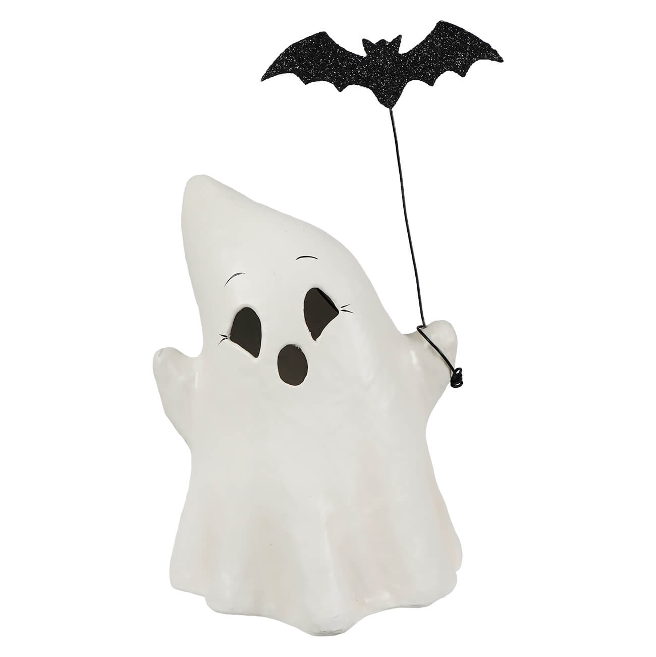 White ghost luminary figurine holding a black glitter bat umbrella perfect for boo with bat decor