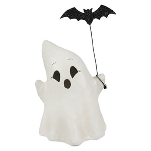 White ghost luminary figurine holding a black glitter bat umbrella perfect for boo with bat decor