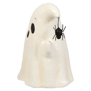 White ceramic halloween ghost figures decor ornament with black eyes and glittery black spider for boo with spider lighted decor