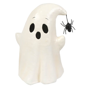 A white halloween ghost figures decor holding a small black glittery spider for spooky boo with spider lighted decor