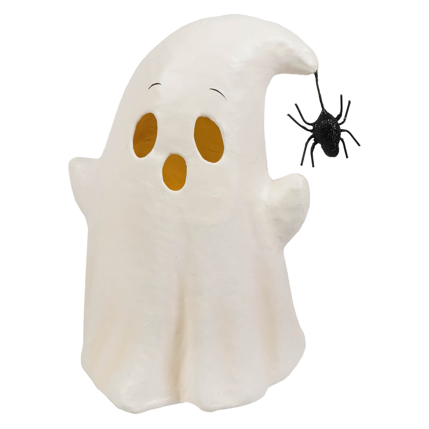 White ghost figurine with orange cutout eyes and mouth holding black spider halloween ghost figures decor boo with spider