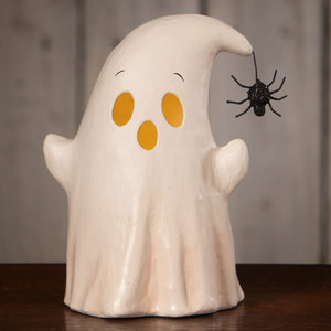 White ceramic halloween ghost figure decor with yellow eyes and black spider for boo with spider lighted decor