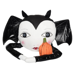 A luna zombinaland plush decorative pillow with black bat wings, white face, red lips, and an orange pumpkin, perfect halloween pillow