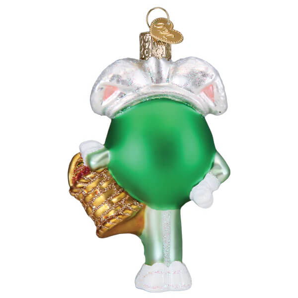 Green glass m&m’s green easter ornament shaped like cartoon chef holding a golden basket perfect for food & drink ornaments