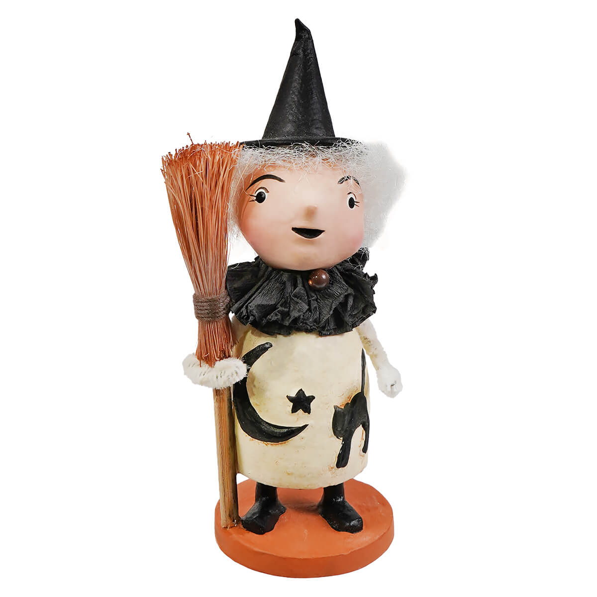 Cute mabel moonspell witch figurine with black pointed hat white curly hair and cream dress with moon and star design