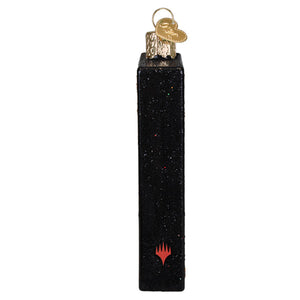 Black glittery magic the gathering card back ornament with gold heart tag and red mana symbol figural decor