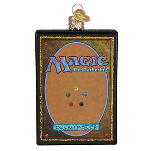 Magic the gathering card back ornament with black frame glittery gold trim and colorful gemstones figural decor glass & glitter