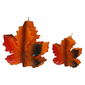 Two autumn-themed maple leaf candles set with orange red gradient and dark brown accents perfect halloween candles