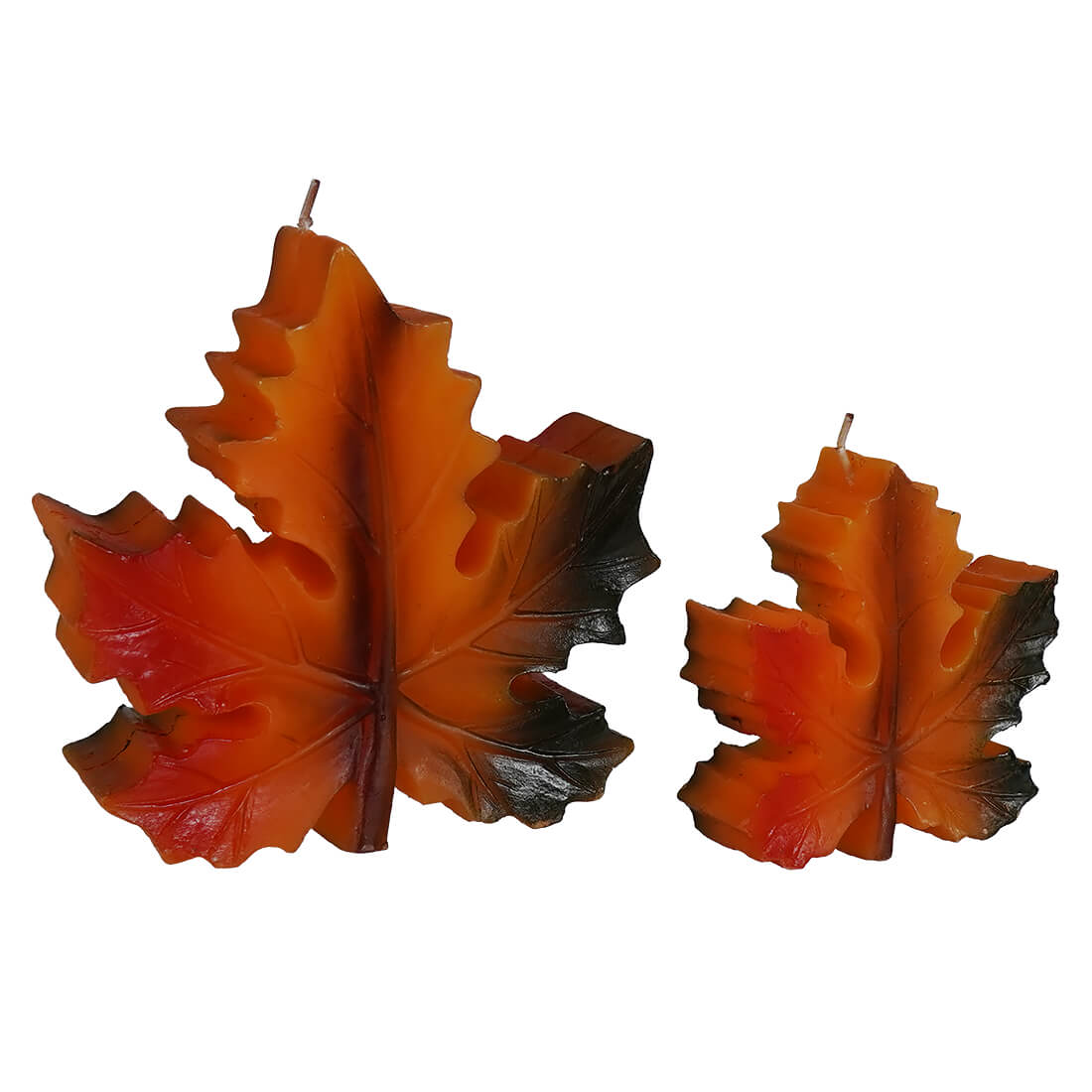 Two maple leaf candles in warm orange and deep red with black edges perfect halloween candles leaf candles set