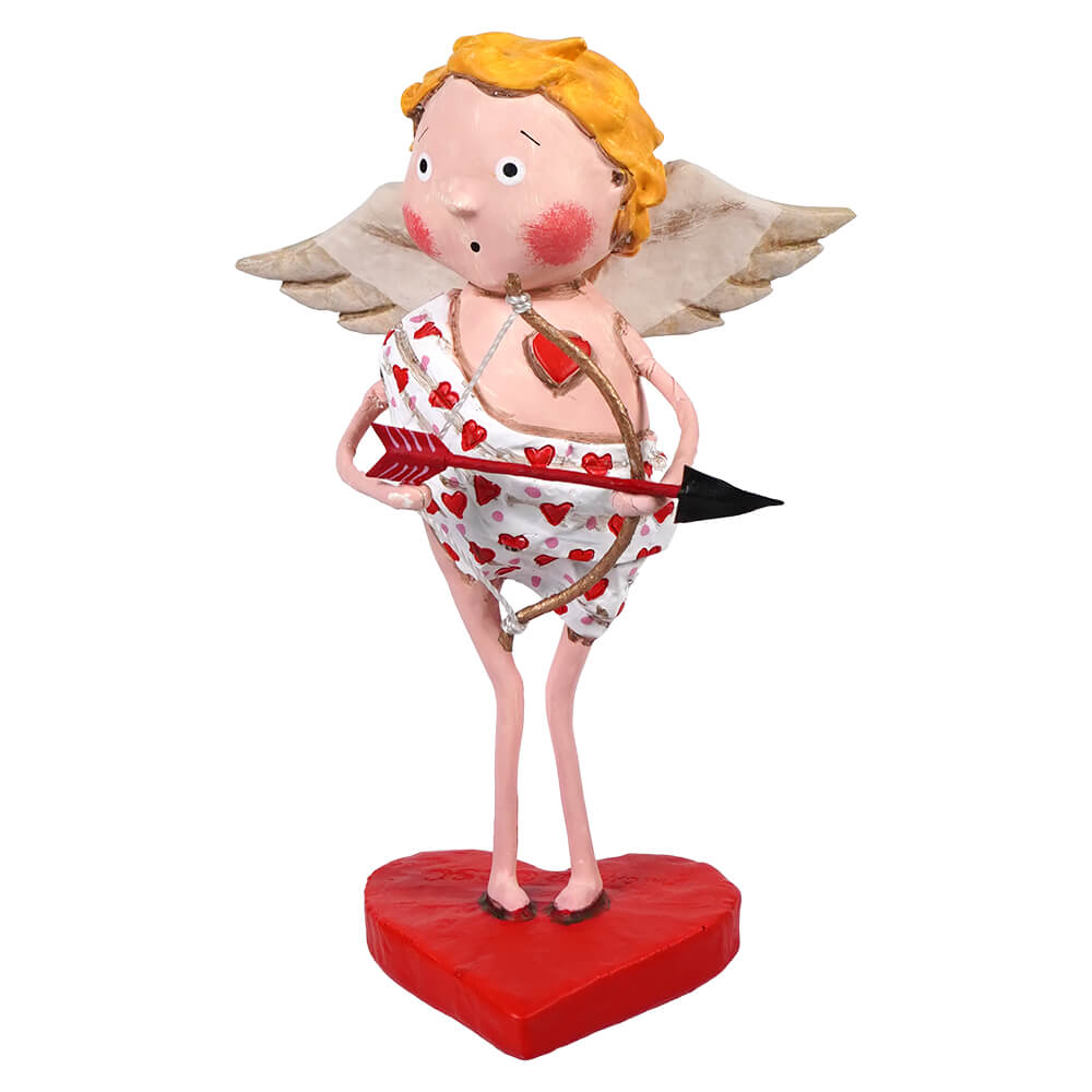 A cherubic cupid figurine wearing heart-patterned underwear stands on a red heart base.