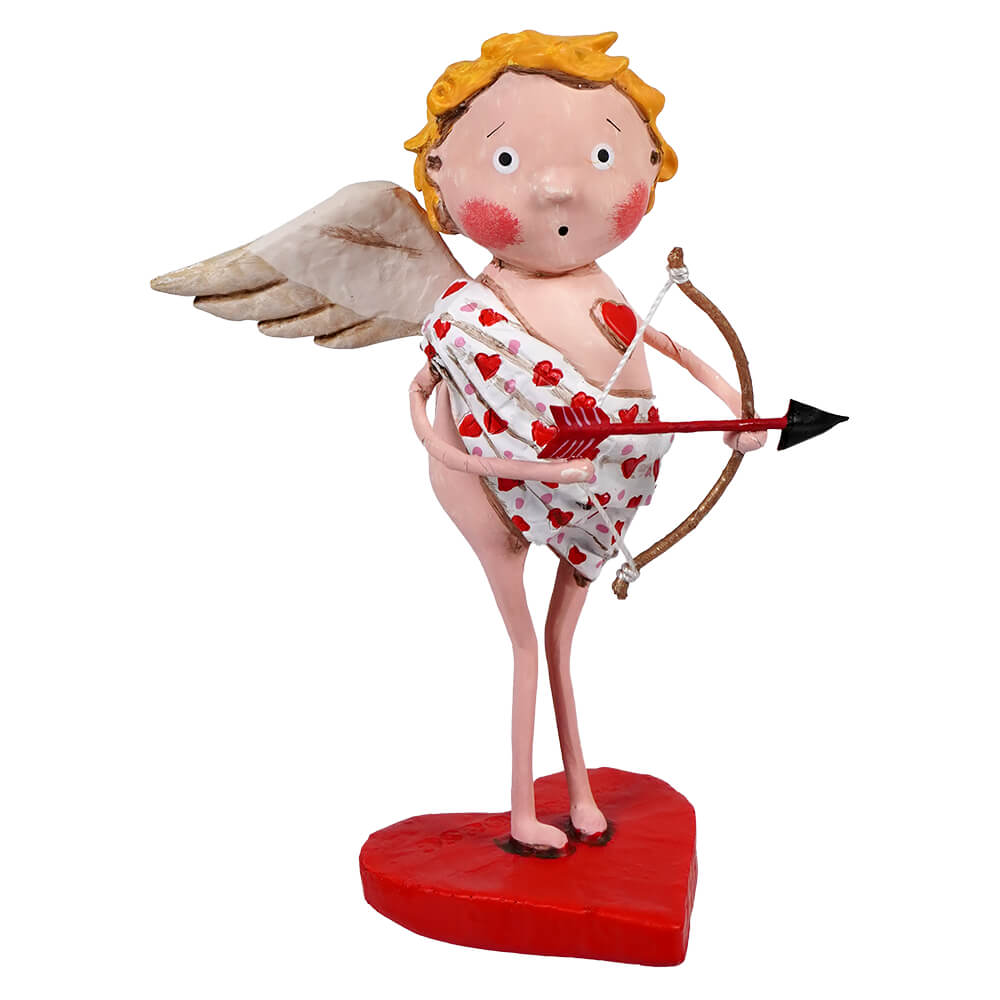 A cherubic cupid figure wearing heart-patterned underwear stands on a red heart base while holding a bow and arrow.