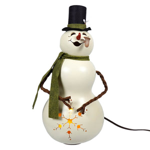 Meadowbrooke large snowman pipe gourd lamp with glowing orange star lights, black top hat, green scarf, and twig arms