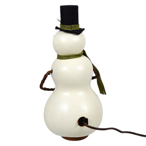White meadowbrooke large snowman gourd lamp shaped like a snowman with black top hat green scarf and brown handles