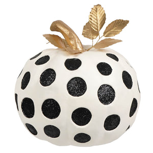 Medium dottie blanc pumpkin with white surface black glitter polka dots and gold leaf stem perfect for halloween pumpkins and gourds decor