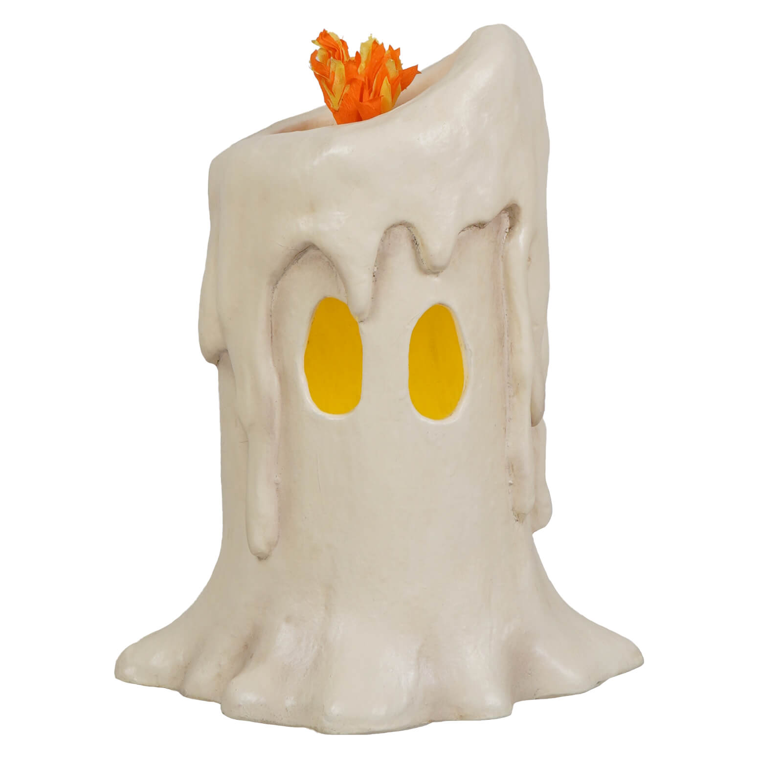 Medium flam’in candle luminary white candle holder with glowing yellow eyes and orange flame top candle luminary