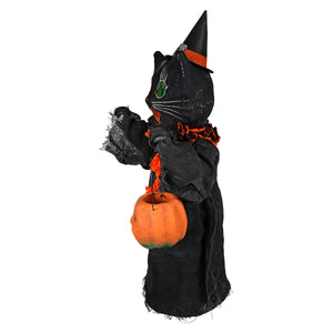 Medium scaredy cat ghoul black witch cat figurine with green eyes holding an orange pumpkin bucket and pointed hat