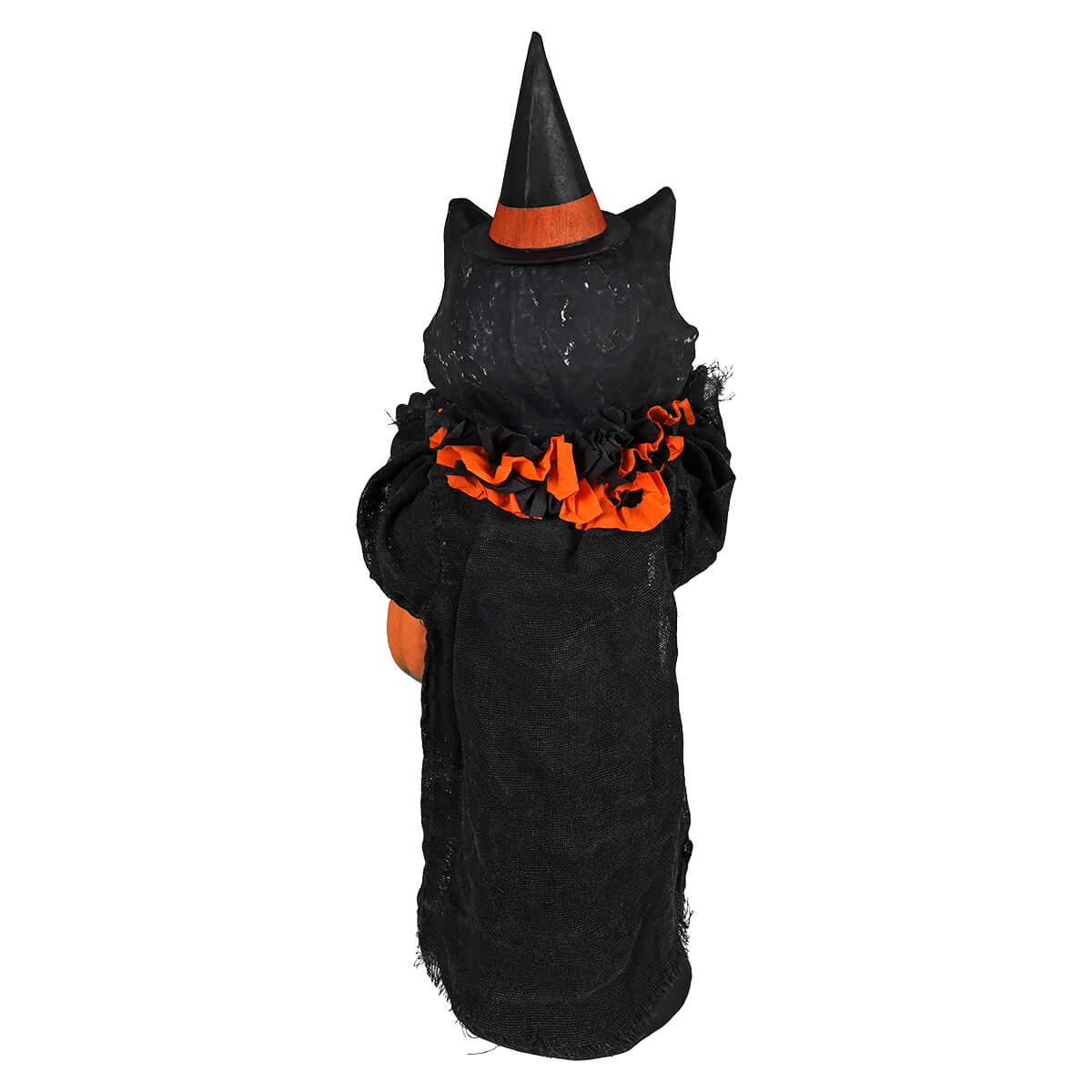 Medium scaredy cat black halloween decoration wearing a pointed orange and black hat with ruffled trim