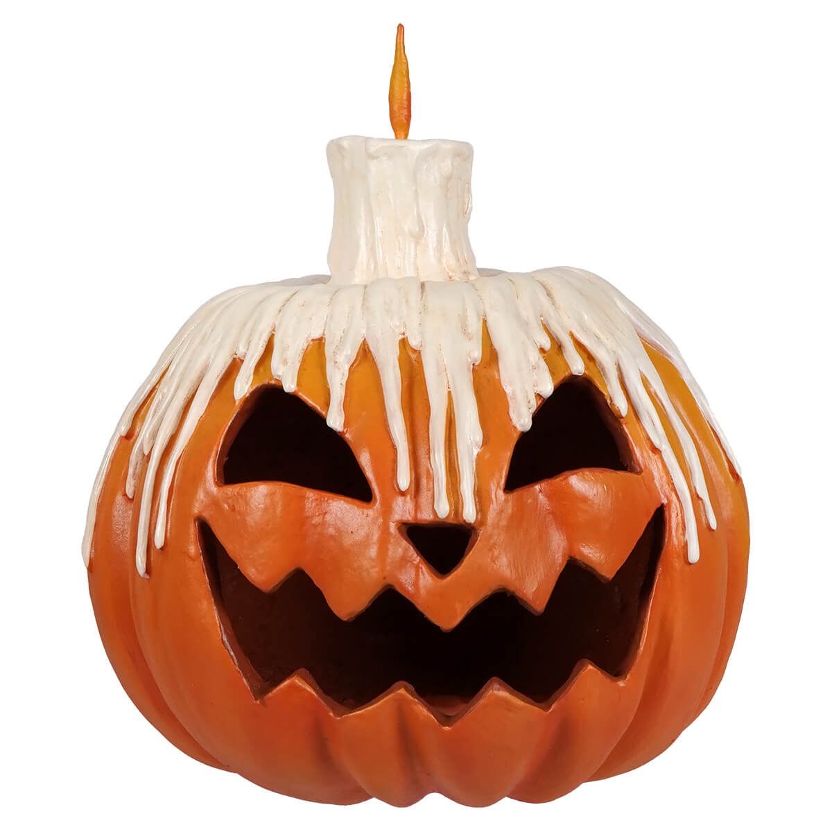 Orange plastic melting midnight glow pumpkin with a white candle and dripping wax on top