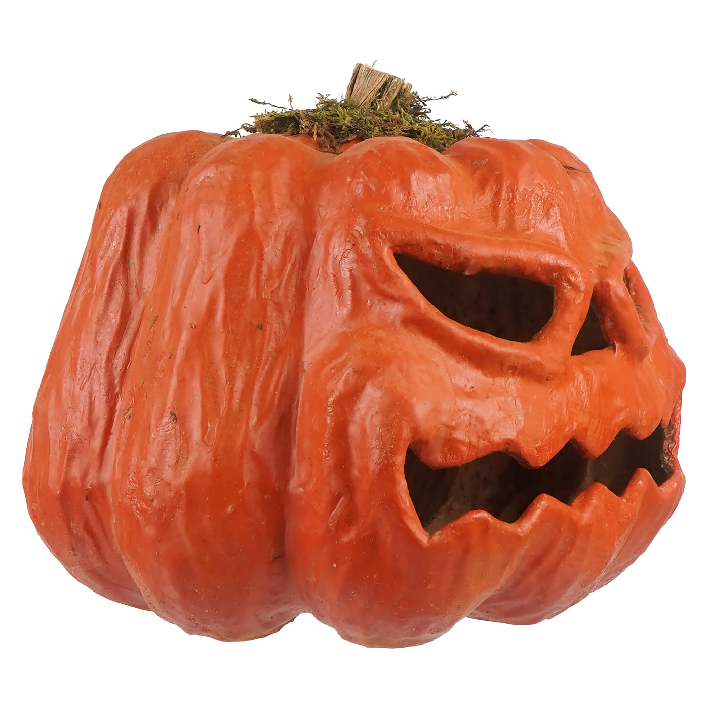 Menacing orange pumpkin jack-o-lantern with jagged face and mossy stem perfect for halloween pumpkins and gourds display