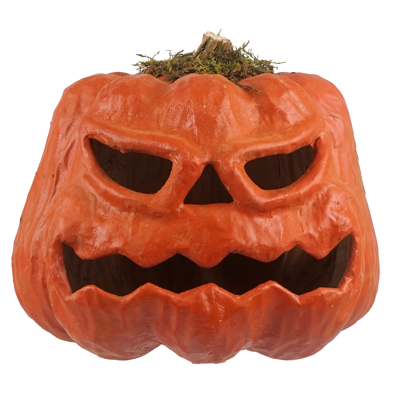 Menacing orange plastic pumpkin jack o lantern with carved triangular eyes nose and jagged teeth for halloween pumpkins and gourds