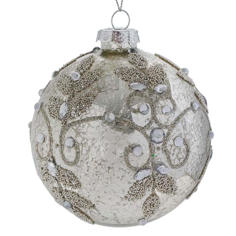 Mercury Glass Gemstone Leaf Pattern Ball Ornament - Ornaments